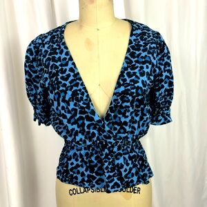 Banana Republic Blue Leopard Print Elastic waist Peplum Blouse Top Small